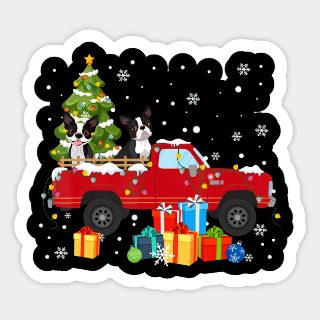 Red Truck Pick Up Christmas Tree Boston Terrier Dog Lover Sticker by MonataHedd